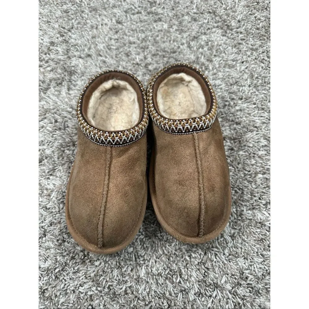 UGG Tasman Slippers Kids Youth 1Y Chestnut Light Brown Fur Lined Suede Slip On